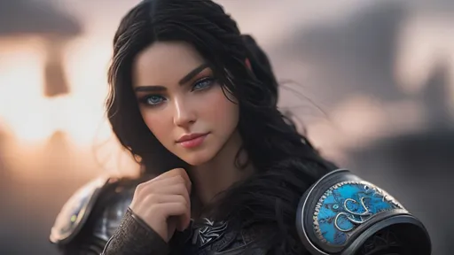 Prompt: she has black hair, create most beautiful fictional female viking warrior, subtle hopeful smile, black hair, light blue eyes, extremely detailed environment, detailed background, intricate, detailed skin, professionally color graded, photorealism, 8k, moody lighting