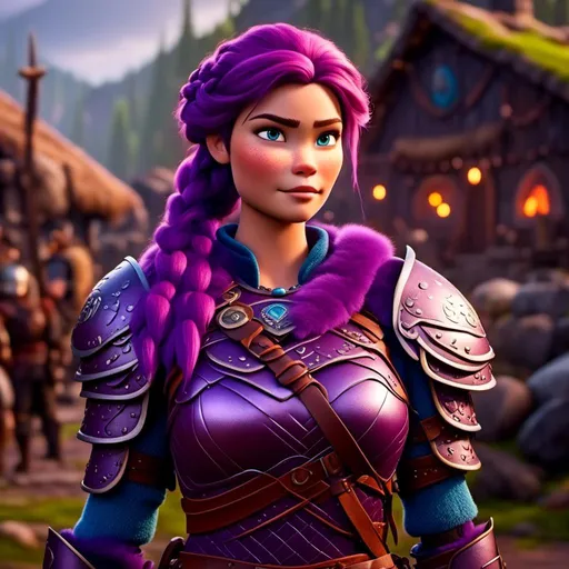 Prompt: <mymodel>a female viking warrior with purple hair, light blue eyes, single braid down shoulder, standing in a viking village, adorned in regal purple armor, fierce and determined expression, fully body, cool tones, dramatic lighting, intricate detailing