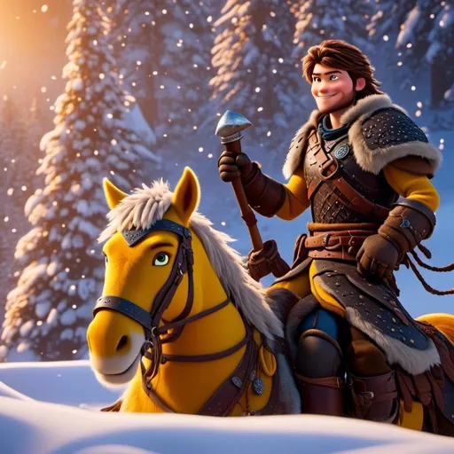 Prompt: <mymodel>CGI Animation, 20-year-old pirate man, rides a yellow horse through the snowy, a snowy scene, {{brown gear, silver armor}}, brunette hair, dreadlocks, subtle smile, beads hair, multiple braids, straight hair, blue eyes, bracelets, rings on fingers, mercenary gear, unreal engine 8k octane, 3d lighting, full body, full armor