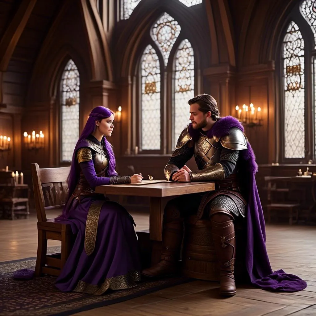 Prompt: Photo of a young <mymodel> sitting at the in the viking Great Hall from How to Train Your Dragon discussing politics with her husband a young Jarl Mollerson, ((he has short brown hair and no beard))