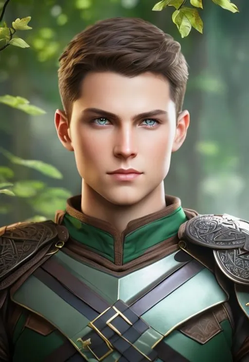 Prompt: he has short brown hair, create most handsome fit fictional male prince viking warrior, short brown hair, light green eyes, extremely detailed environment, detailed background, intricate, detailed skin, professionally color graded, photorealism, 16k, moody lighting