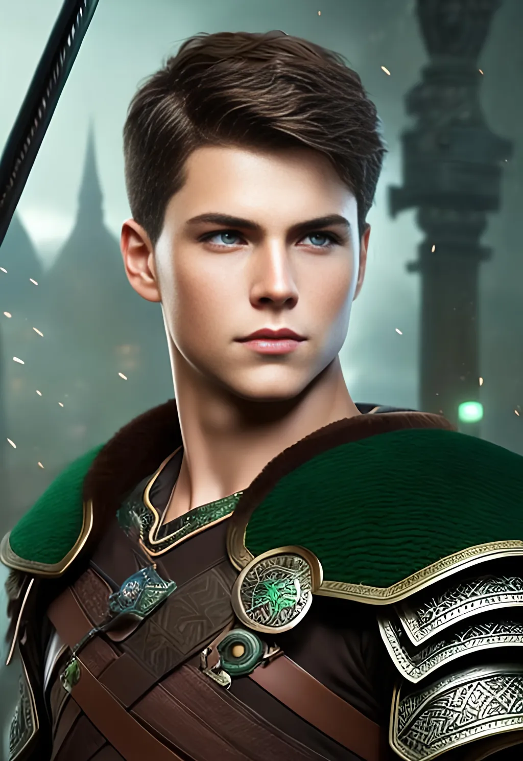 Prompt: he has short brown hair, create most handsome fictional male prince viking warrior, short brown hair, light green eyes, extremely detailed environment, detailed background, intricate, detailed skin, professionally color graded, photorealism, 16k, moody lighting