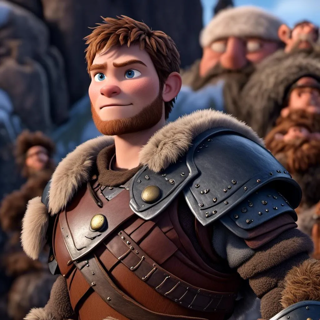 Prompt: <mymodel>Animated CGI style of a fierce Caucasian Viking, intense gaze, realistic fur and clothing textures, high quality, CGI, realistic, intense gaze, viking, male, Caucasian, detailed facial features, fur textures, highres, professional, intense lighting