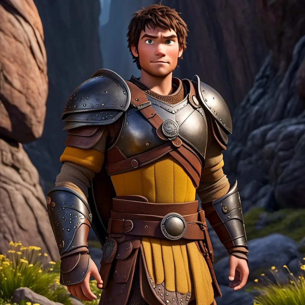 Prompt: <mymodel>Animated CGI style of a fierce 24-year-old Caucasian Viking with dark hair, light body build, intense gaze, realistic (yellow light armor) with highlights of orange textures, high quality, CGI, realistic, intense gaze, viking, male, Caucasian, detailed facial features, highres, professional, intense lighting