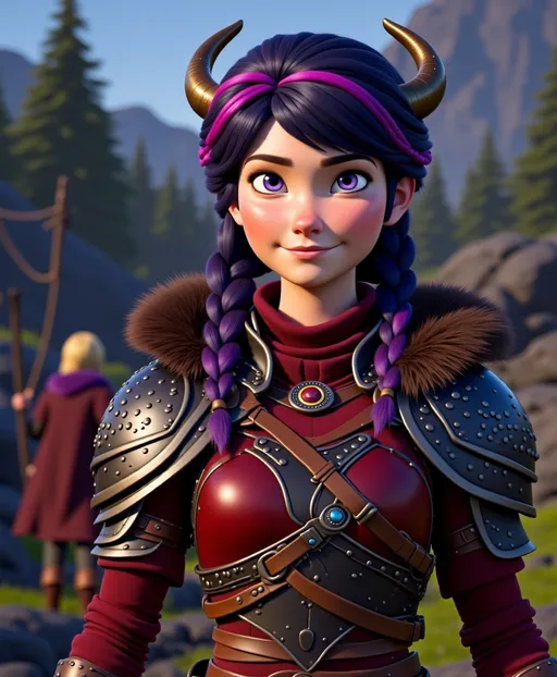 Prompt: <mymodel>CGI Animation, digital art, 20-year-old-old viking woman with violet eyes, Dark red Long sleeve shirt, skirt with dragon teeth on it, wears the snow wraith hood, ((dark dark blue hair with teal, pink and purple streaks)), fighting against another viking warrior in a sword battle with Annabeth who has purple hair with black and gold armor in the training ring, subtle smile, unreal engine 8k octane, 3d lighting, close up camera shot on the face, full armor