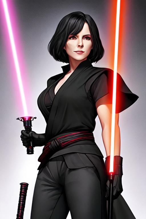 Prompt: A woman Sith lord, with black short-length hair, a subtle smile, a black short sleeve shirt, a black vest past the waist, a black belt, black pants, black boots, two lightsabers one red and one light pink