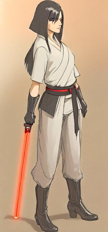 Prompt: A woman sith lord, black medium-length hair, black short sleeve shirt, black vest past waist, black belt, black pants, black boots, two lightsabers one red one light pink