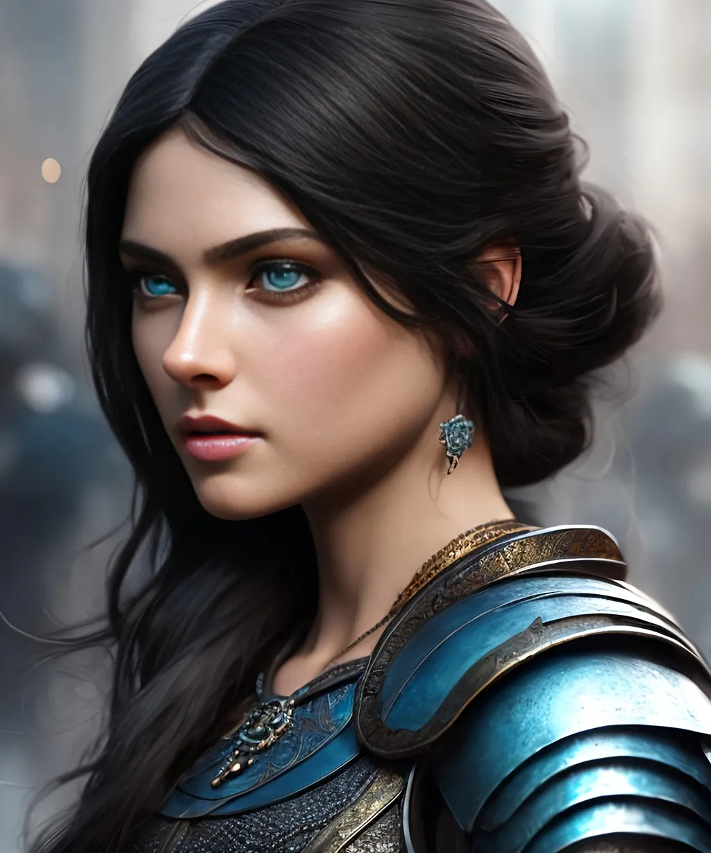 Prompt: she has black hair, create most beautiful fictional female viking princess warrior, black hair, light blue eyes, extremely detailed environment, detailed background, intricate, detailed skin, professionally color graded, photorealism, 8k, moody lighting