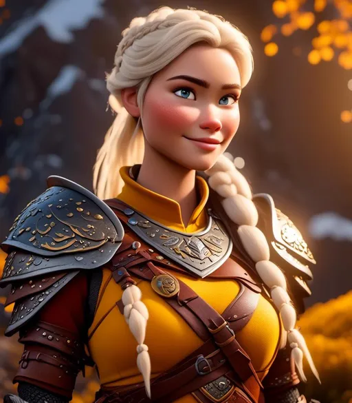 Prompt: <mymodel>CGI Animation, digital art, 20-year-old-old viking woman with light blue eyes, yellow clothes, gold colored armor, white hair, double braids down her shoulders with a tiara, subtle smile, unreal engine 8k octane, 3d lighting, close up camera shot on the face, full armor