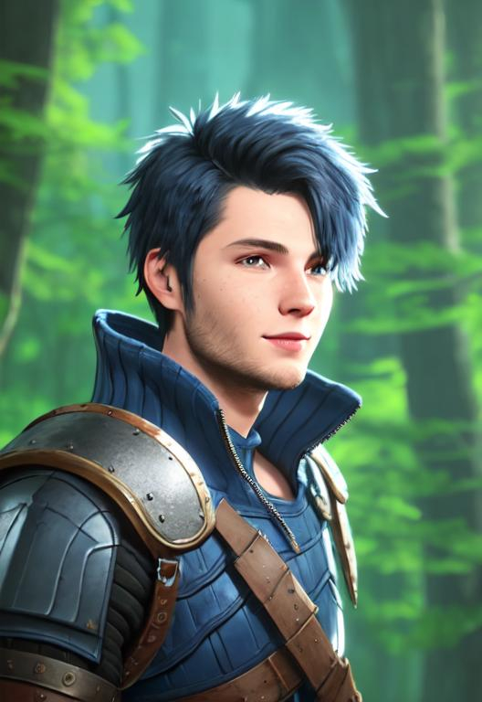 Prompt: Digital art, 22-year-old viking man, black hair. yellow armor, blue gear, medium-length black hair, subtle smile, black stubble beard, hazel eyes, adventurer, blue sky background, unreal engine 8k octane, 3d lighting