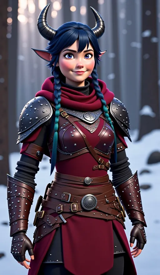 Prompt: <mymodel>CGI Animation, digital art, 20-year-old-old viking woman with violet eyes, Dark red Long sleeve shirt, skirt with dragon teeth on it, wears the snow wraith hood, ((dark dark blue hair with teal, pink and purple streaks)), standing snowy forest, subtle smile, unreal engine 8k octane, 3d lighting, close up camera shot on the face, full armor