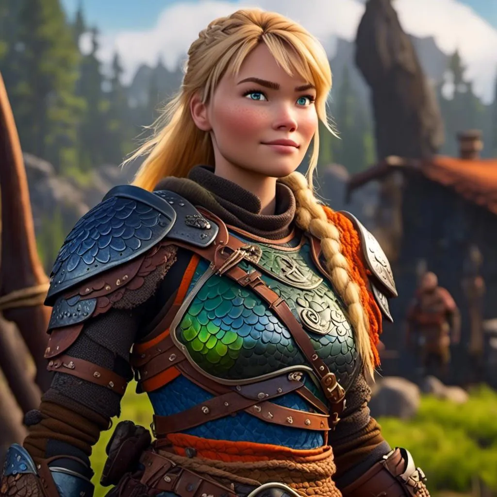 Prompt: <mymodel>CGI Animation of female viking, blonde straight hair, blue eyes, bright orange and green armor, yellow highlights dor gear and textures, full light body armor, standing in a viking village, intricate details, high quality, digital painting, cool tones, dramatic lighting