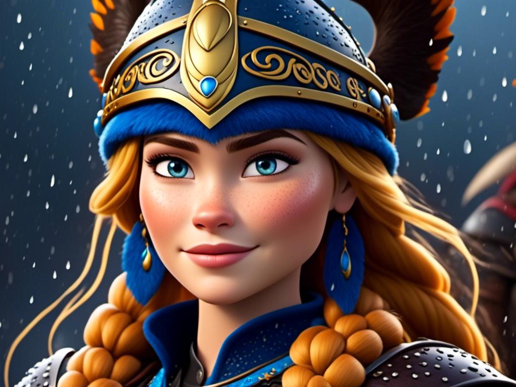 Prompt: <mymodel>CGi Animation, 20-year-old viking woman with blue eyes, ((she is wearing a royal tiara)), a rainy scene, the viking woman has a subtle smile with it pouring down rain, blonde hair in a ponytail style, she has blue gear, gold armor, black pants, black boots