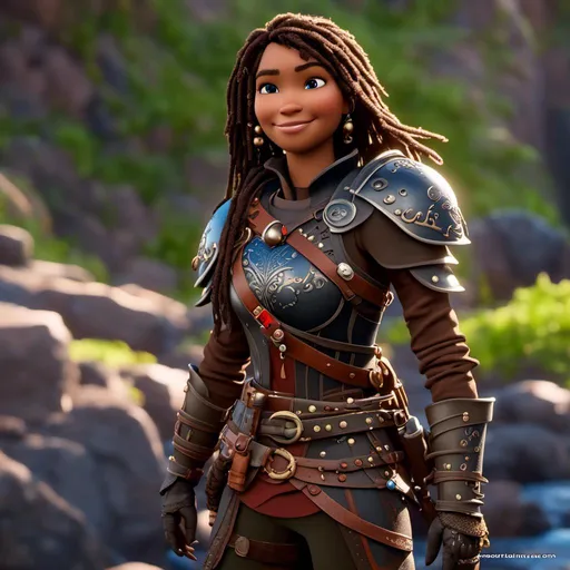 Prompt: <mymodel>CGI Animation, 20-year-old-old pirate woman, brown gear, silver armor, brunette hair, dreadlocks, subtle smile, beads hair, small red earrings, multiple braids, straight hair, blue eyes, bracelets, rings on fingers, mercenary gear, unreal engine 8k octane, 3d lighting, full body, full armor