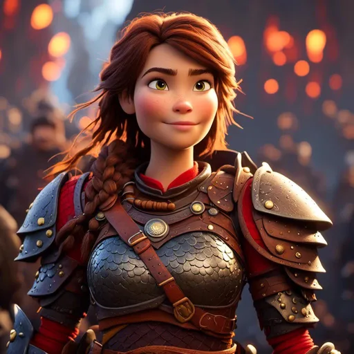 Prompt: <mymodel>CGI Animation of a viking female, brown hair, hazel eyes, bright red gear and armor, yellow highlights and textures, intricate details, high quality, digital painting, cool tones, dramatic lighting