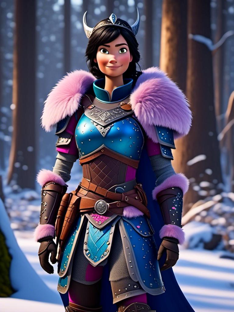 Prompt: <mymodel>CGI Animation, digital art, 20-year-old-old viking woman of royalty standing in the forest, a snowy scene, {{pink gear, blue armor}}, black hair, straight hair with a tiara, subtle smile, unreal engine 8k octane, 3d lighting, close up camera shot on the face, full armor