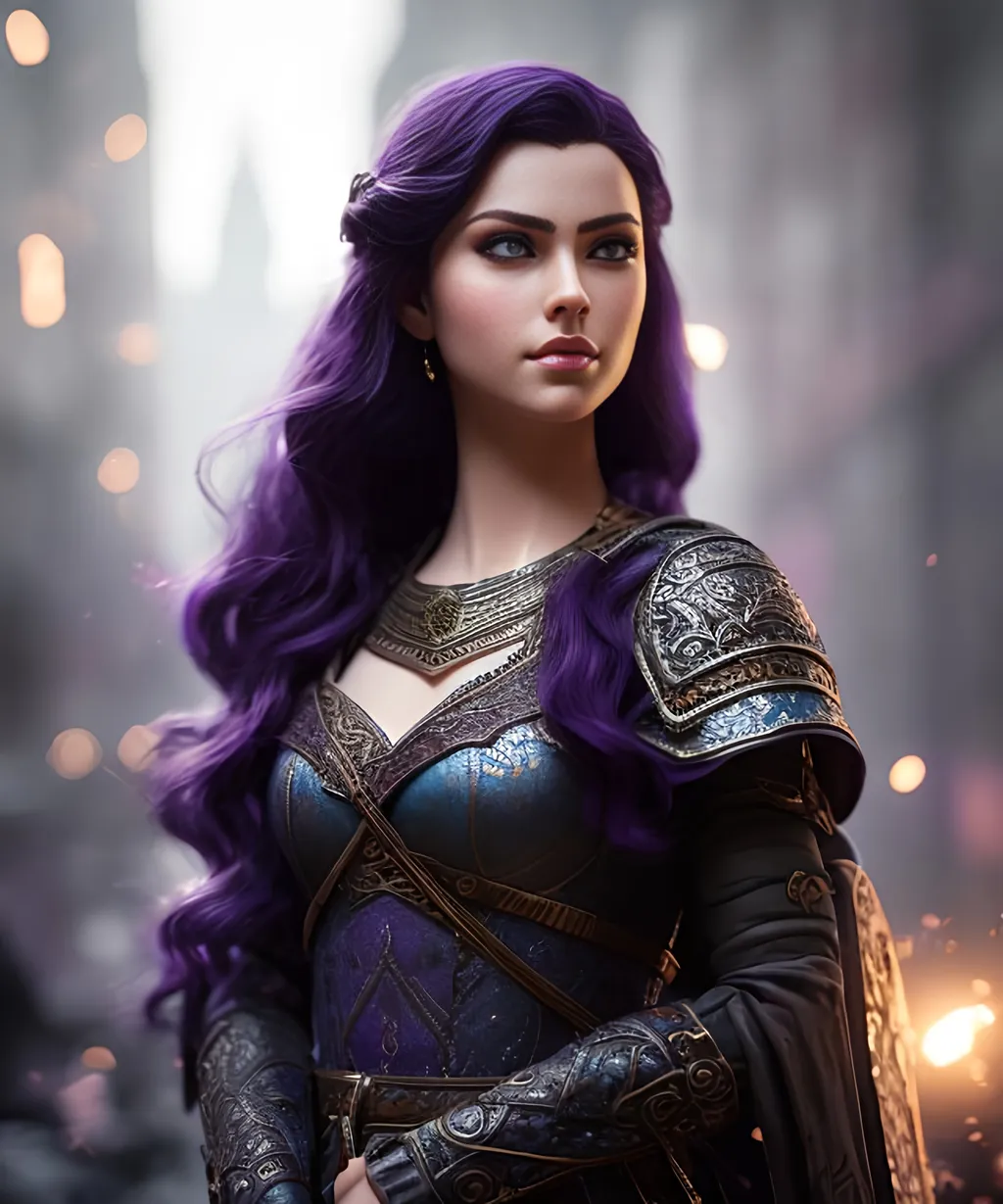 Prompt: she has dark purple hair, create most beautiful fictional female viking princess warrior, dark purple hair, light blue eyes, extremely detailed environment, detailed background, intricate, detailed skin, professionally color graded, photorealism, 8k, moody lighting