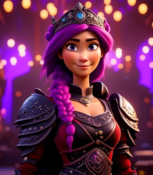 Prompt: <mymodel>CGI Animation, digital art, 20-year-old-old viking woman with light blue eyes, she is standing next to her clan's throne, she is of royalty standing, {{black gear, purple armor}}, purple hair, single braid down her shoulder with a tiara, subtle smile, unreal engine 8k octane, 3d lighting, close up camera shot on the face, full armor