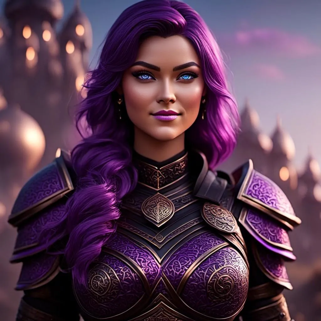 Prompt: <mymodel>CGi Animation, 25-year-old viking woman, subtle smile, light blue eyes, black gear, bright purple armor, black textures and highlights, unreal engine 8k octane, 3d lighting, full body, full armor