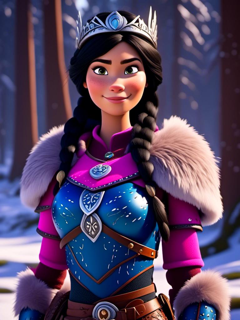 Prompt: <mymodel>CGI Animation, close-up portrait of the face, 20-year-old-old viking woman of royalty standing in the forest, a snowy scene, {{pink gear, blue armor}}, black hair, straight hair with a tiara, subtle smile, unreal engine 8k octane, 3d lighting, close up camera shot on the face, full armor