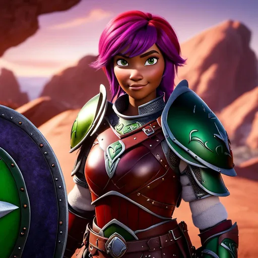 Prompt: <mymodel>Animated CGI style of a fierce Caucasian white Viking female about 25 years old, purple hair, detailed facial features, leather armor ((red)) and green armor, battle axe and shield, intense and determined expression, dynamic and powerful pose, high definition, CGI, detailed armor, fierce female, Nordic designs, battle-ready, dynamic pose, professional lighting