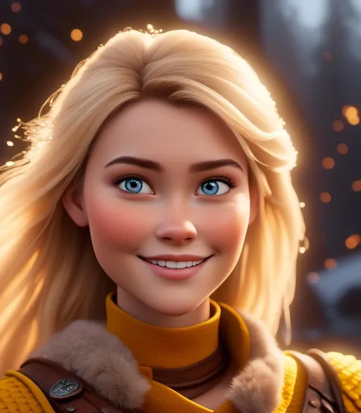 Prompt: <mymodel>CGI Animation, digital art, 20-year-old-old viking woman with light blue eyes, yellow mask over her eyes, yellow clothes, gold colored armor, blonde straight hair, subtle smile, unreal engine 8k octane, 3d lighting, full armor