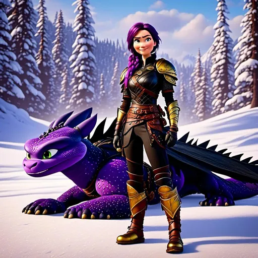 Prompt: Photo of <mymodel> standing next to her ((black)) razorwhip dragon from How to Train Your Dragon in the snow, viking warrior, purple hair, single braid down her shoulder, black gear, gold armor, black pants, gold boots