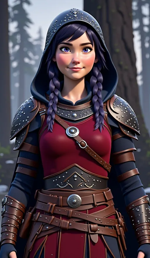 Prompt: <mymodel>CGI Animation, digital art, 20-year-old-old viking woman with violet eyes, Dark red Long sleeve shirt, skirt with dragon teeth on it, wears the snow wraith hood, ((dark dark blue hair with teal, pink and purple streaks)), standing win a forest, subtle smile, unreal engine 8k octane, 3d lighting, close up camera shot on the face, full armor