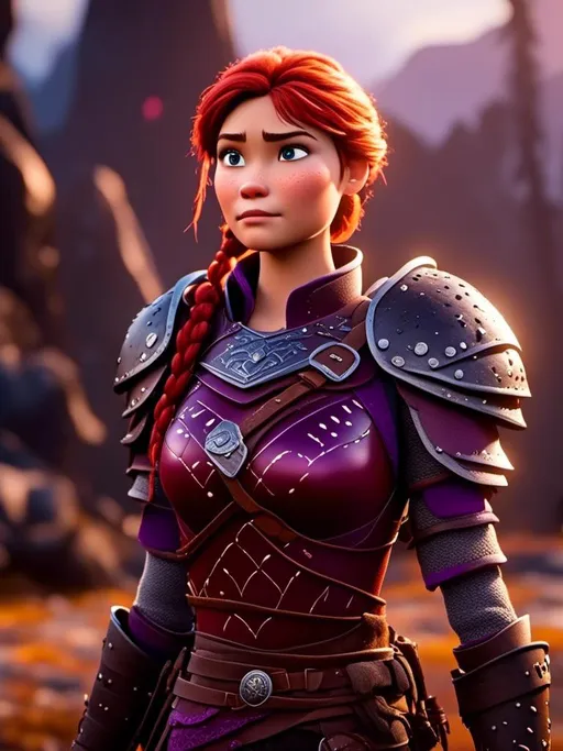 Prompt: <mymodel>CGI Animation, digital art, 20-year-old-old viking woman with light blue eyes, she looks sad and upset, standing in a battle arena at the ready, purple hair with purple strands, single braid down her shoulder with a tiara, unreal engine 8k octane, 3d lighting, close up camera shot on the face, full armor