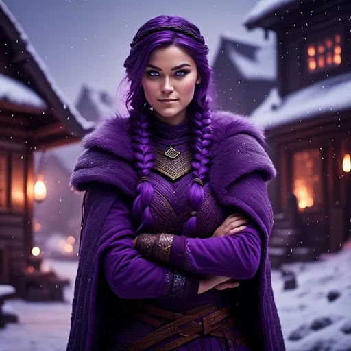 Prompt: Photo of <mymodel> with a heavy purple fur coat wearing a hood with a purple fur edge, she is in a viking village standing as snow falls, ((she has a single braid down her shoulder))