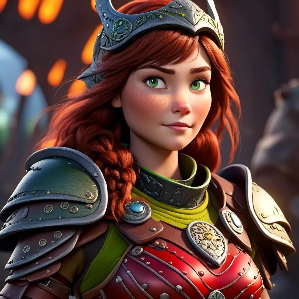 Prompt: <mymodel>CGI Animation of a viking female, brown hair, green eyes, bright red gear and armor, yellow highlights and textures, intricate details, high quality, digital painting, cool tones, dramatic lighting