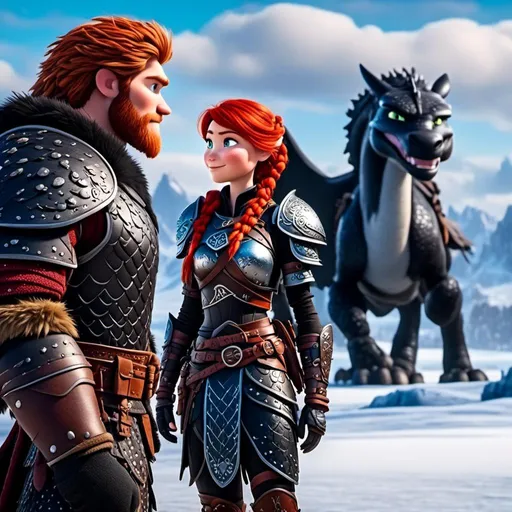 Prompt: <mymodel>High-quality CGI animation of a 40-year-old viking woman with red hair, wearing black gear and armor, standing on a snowy plain with a white dragon. White dragon with light blue highlights, woman with dreadlocks and braids, light blue eyes, snowy landscape, detailed visual effects, fantasy, snowy setting, cool tones, detailed character design, professional CGI, dramatic lighting, highres, detailed rendering