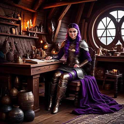 Prompt: Photo of <mymodel> with no armor casually relaxing sitting at a desk in her viking house