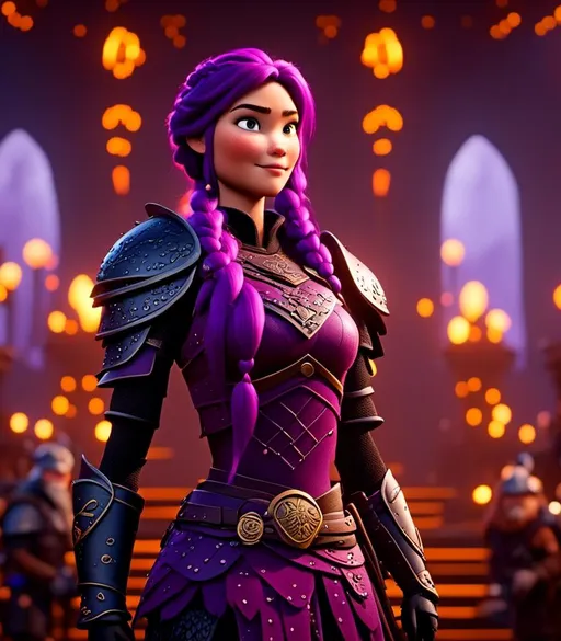 Prompt: <mymodel>CGI Animation, digital art, 20-year-old-old viking woman with light blue eyes, she is standing next to her clan's throne, she is of royalty standing, {{black gear, purple armor}}, purple hair, single braid down her shoulder with a tiara, subtle smile, unreal engine 8k octane, 3d lighting, close up camera shot on the face, full armor