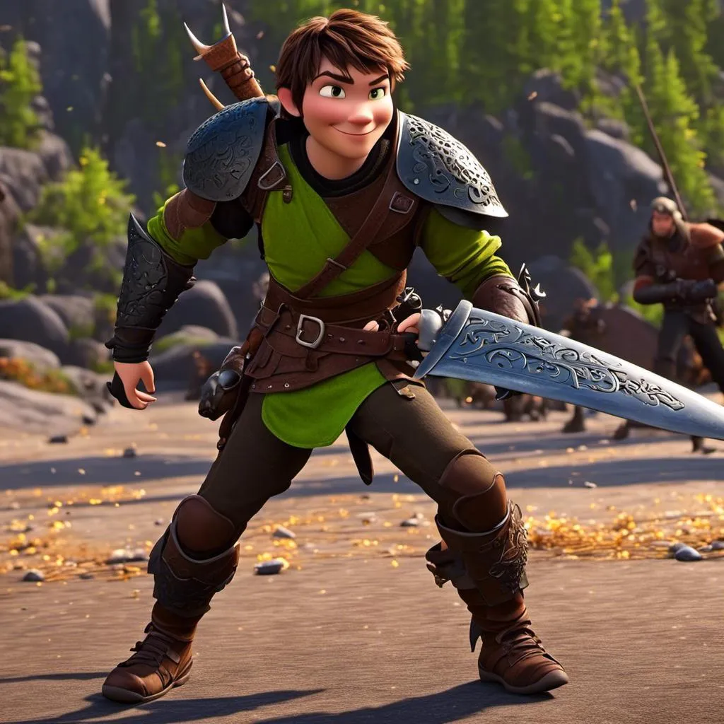 Prompt: <mymodel> CGI Animation, sinister viking boy, 18-year-old, chaotic evil, black short messy chaotic unkept hair, no facial hair, neon green bandana, dark brown, dark brown long-sleeve shirt, pants, leather armor, two daggers, dozen throwing knives
