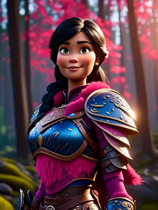 Prompt: <mymodel>CGI Animation, digital art, 20-year-old-old viking woman of royalty standing in the forest with bright sunshine, {{pink gear, blue armor}}, black hair, straight hair with a tiara, subtle smile, unreal engine 8k octane, 3d lighting, close up camera shot on the face, full armor