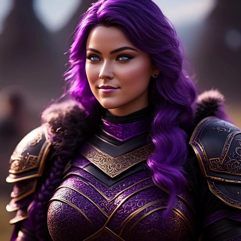 Prompt: <mymodel>CGi Animation, 25-year-old viking woman, subtle smile, light blue eyes, black gear, bright purple armor, black textures and highlights, unreal engine 8k octane, 3d lighting, full body, full armor