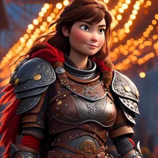 Prompt: <mymodel>CGI Animation of a viking female, brown hair in her face, hazel eyes, bright red gear and armor, she has heavy gauntlets on her hands with armored gloves, yellow highlights and textures, standing in a viking village, intricate details, high quality, digital painting, cool tones, dramatic lighting