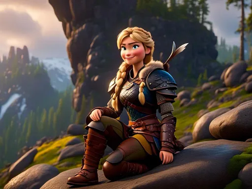 Prompt: <mymodel>CGi Animation, 20-year-old viking woman with blue eyes, she is wearing a helmet, a rainy scene, she is sitting on a boulder in a forest, the viking woman has a subtle smile, blonde hair in a ponytail style, she has blue gear, gold armor, black pants, black boots
