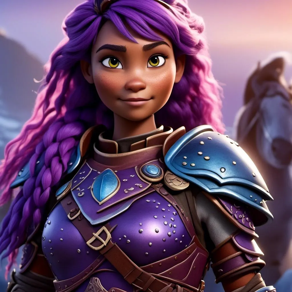 Prompt: <mymodel>CGI Animation of a caucasian viking female, purple hair, blue and purple gear and armor, intricate details, high quality, digital painting, cool tones, dramatic lighting