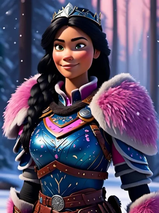 Prompt: <mymodel>CGI Animation, digital art, 20-year-old-old viking woman of royalty standing in the forest, a snowy scene, {{pink gear, blue armor}}, black hair, straight hair with a tiara, subtle smile, unreal engine 8k octane, 3d lighting, close up camera shot on the face, full armor