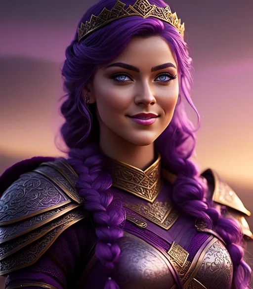 Prompt: <mymodel>CGI Animation, digital art, 20-year-old-old viking woman with light blue eyes, she is overjoyed, purple hair with purple strands, single braid down her shoulder with a tiara, unreal engine 8k octane, 3d lighting, close up camera shot on the face, full armor