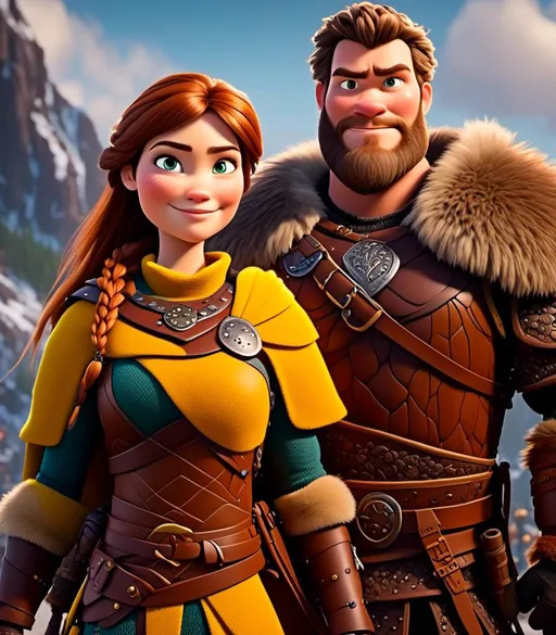 Prompt: <mymodel>CGI Animation, digital art, 20-year-old-old viking woman with light blue eyes standing with her older brother and younger sister, older brother has brown hair and green eyes, her younger sister has brunette hair and brown eyes, the viking woman has yellow clothes, gold colored armor, blonde straight hair, subtle smile, unreal engine 8k octane, 3d lighting, close up camera shot on the face, full armor