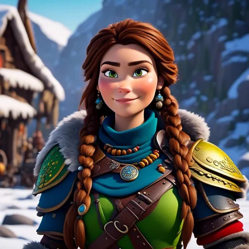 Prompt: <mymodel>CGI Animation, 20-year-old-old pirate woman, a snowy scene, {{yellow gear, blue armor}}, brunette hair, dreadlocks, subtle smile, beads hair, small red earrings, multiple braids, yellow gear, straight hair, green eyes, bracelets, rings on fingers, mercenary gear, unreal engine 8k octane, 3d lighting, close up camera shot on the face, full armor