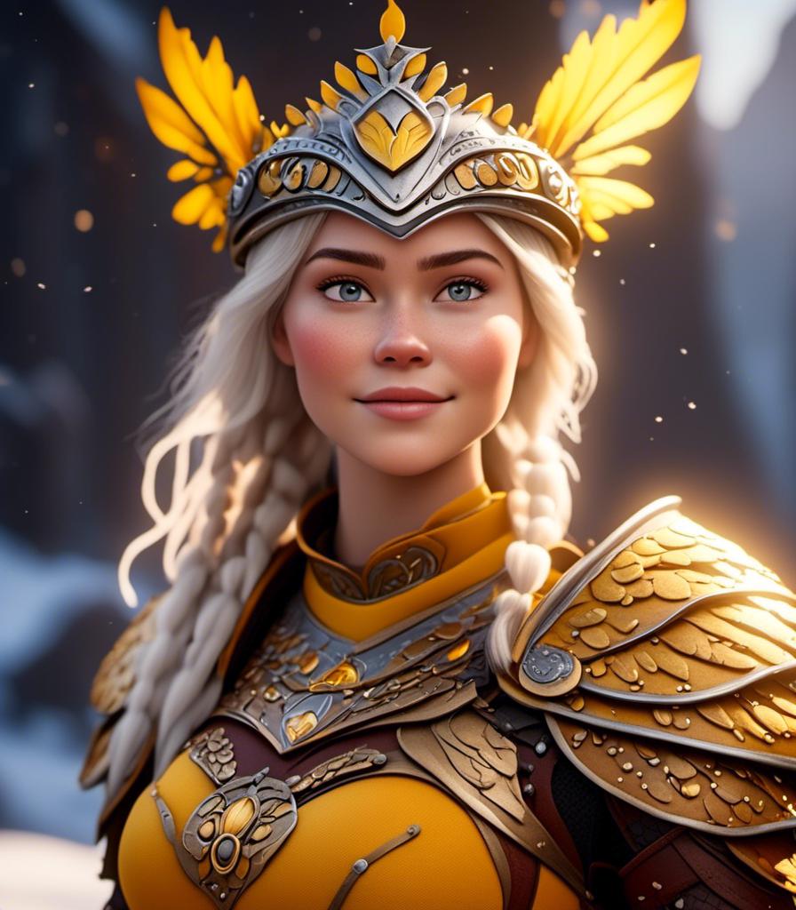 Prompt: <mymodel>CGI Animation, digital art, 20-year-old-old viking woman with light blue eyes, yellow clothes, gold colored armor, white hair, straight hair with a tiara and a mask on her eyes, subtle smile, unreal engine 8k octane, 3d lighting, close up camera shot on the face, full armor