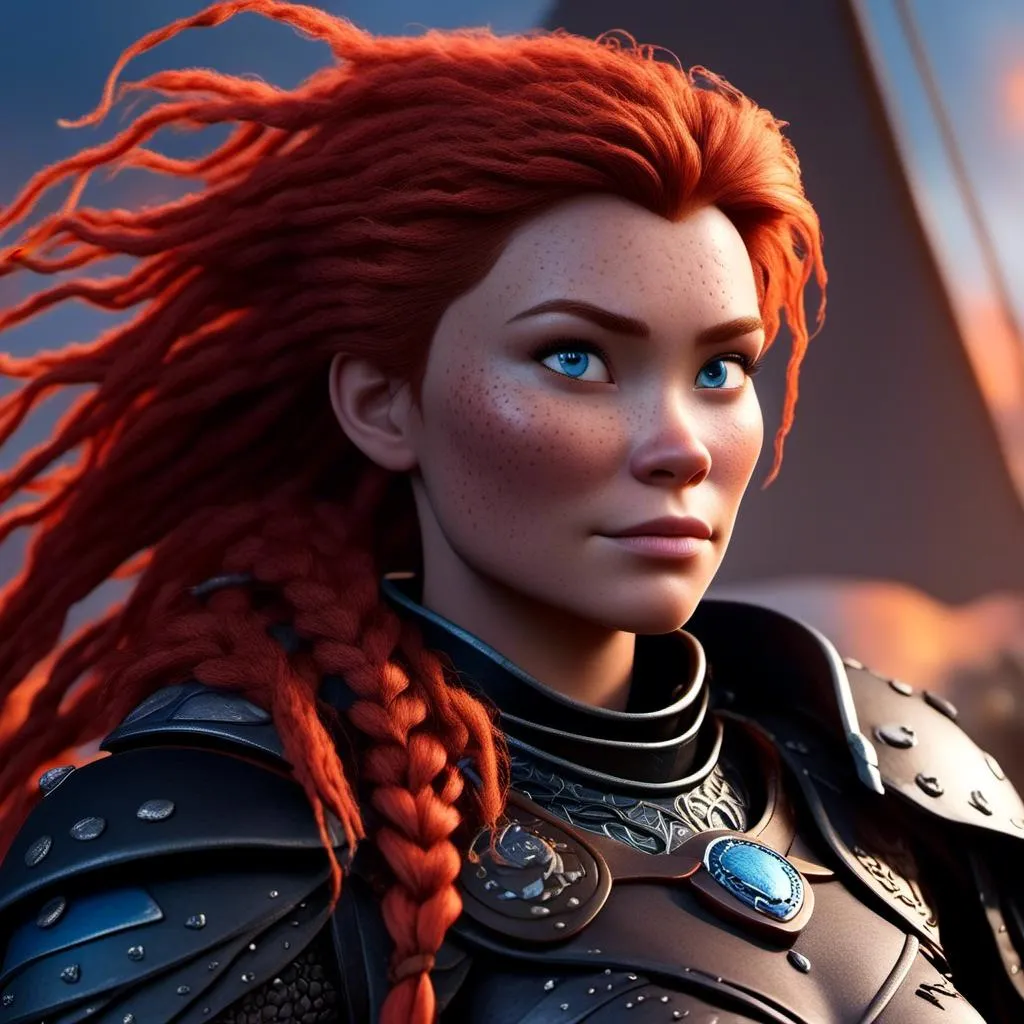 Prompt: <mymodel>CGI Animation of a viking woman of 40 years old, red hair with dreadlocks, blue eyes, all black gear and armor, leather highlights and textures, dragon scale textures and armor, intricate details, high quality, digital painting, cool tones, dramatic lighting