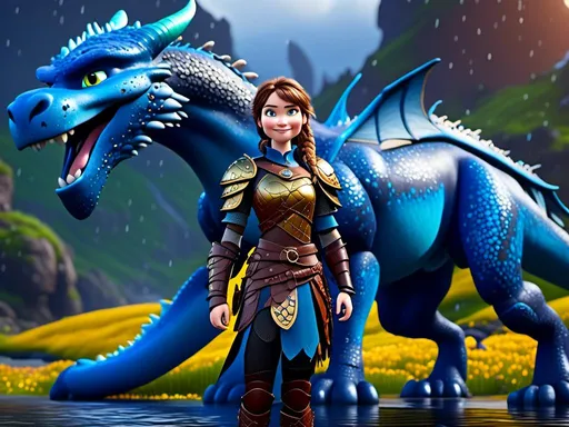 Prompt: <mymodel>CGi Animation, 20-year-old viking woman with blue eyes, a rainy scene, she is standing next to a bright blue dragon with gold highlights, they are both in the rain, the viking woman has a subtle smile, brunette hair in a two pony tail braids style, she has blue gear, gold armor, black pants, black boots