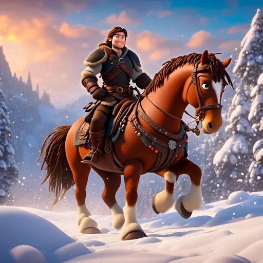 Prompt: <mymodel>CGI Animation, 20-year-old pirate man, rides a palomino horse through the snowy, a snowy scene, {{brown gear, silver armor}}, brunette hair, dreadlocks, subtle smile, beads hair, multiple braids, straight hair, blue eyes, bracelets, rings on fingers, mercenary gear, unreal engine 8k octane, 3d lighting, full body, full armor