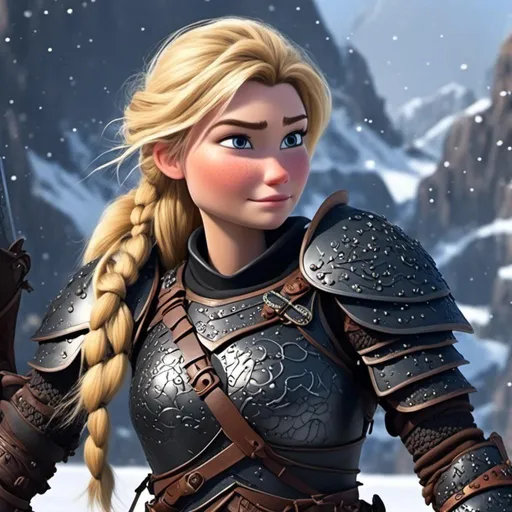Prompt: <mymodel>animated CGI style, blonde hair, viking female warrior, detailed braided hair and battle scars, rugged and weathered armor, intense and determined gaze, snowy and rugged landscape, fierce, warrior, detailed hair, battle scars, snowy landscape, intense gaze, weathered armor, dramatic lighting