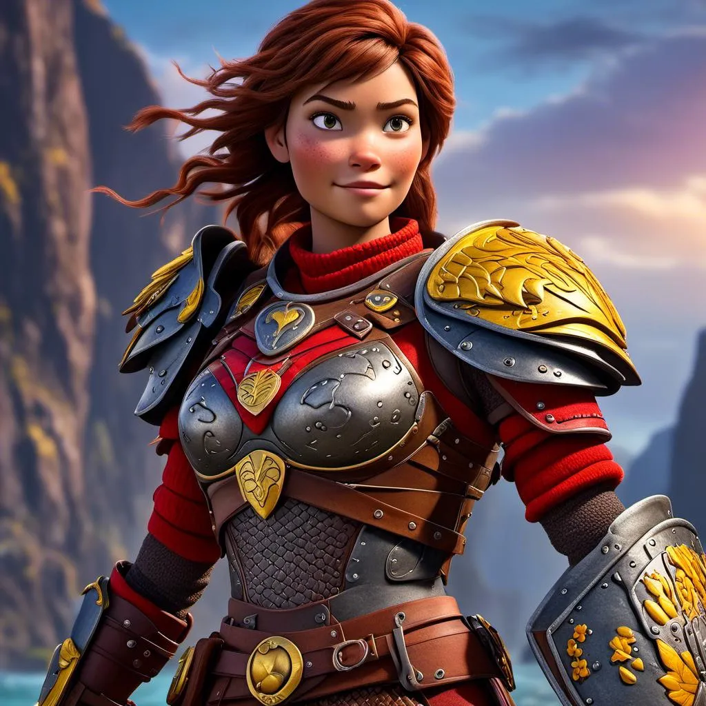 Prompt: <mymodel>CGI Animation of a viking female, brown hair, hazel eyes, bright red gear and armor, yellow highlights and textures, intricate details, high quality, digital painting, cool tones, dramatic lighting